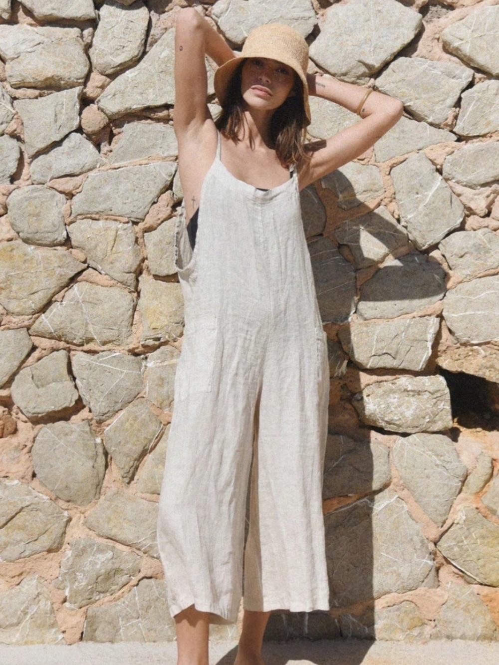 Black Wide-Leg Cropped Jumpsuit With Pockets 100% Cotton Seaside Fresh